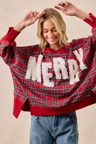 MERRY CHRISTMAS PLAID SWEATSHIRT - RED