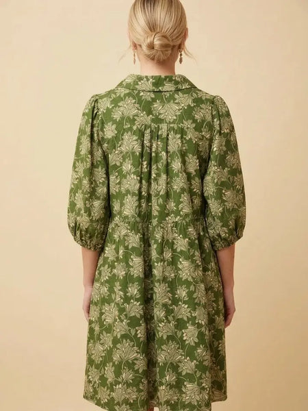 HD50081 Botanical Puff Sleeve Babydoll Mini Shirt Dress - Salty Lime Boutique