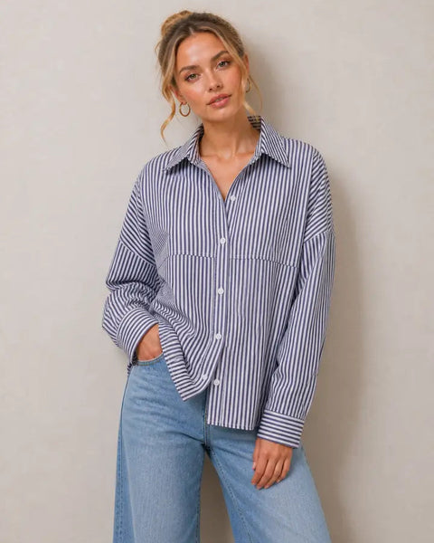 The Claire Button Down Top - Navy Stripe