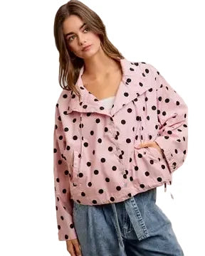 Polka Dot Hooded Windbreaker Jacket - Reg/Curvy - Dusty Pink - Salty Lime Boutique