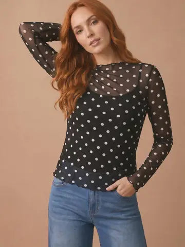 Polka Dot Mesh Semi Sheer Top - Black - Salty Lime Boutique
