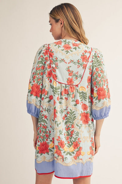 FLORAL PRITNED PEASANT MIDI DRESS - BLUE - Salty Lime Boutique