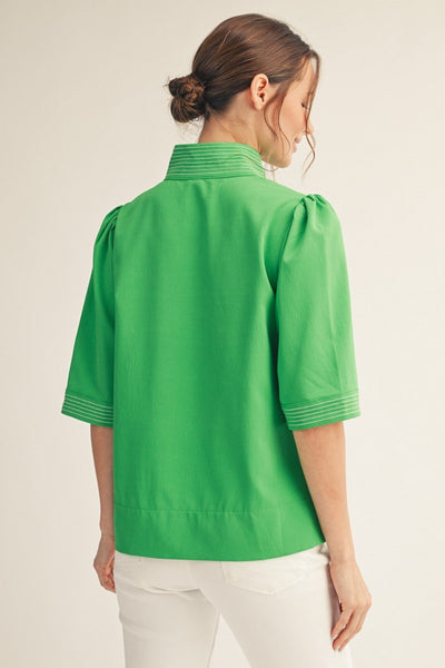 Stitch Detail Standing Neckline Solid Top - GREEN - Salty Lime Boutique