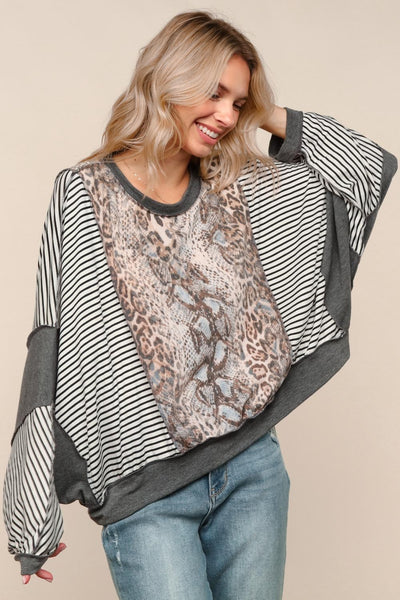 ROUND NECK OVERSIZED LOOSE FIT DOLMAN LONG SLEEVE BANDED LEOPARD ANIMAL PRINTTOP