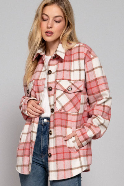 LONG SLEEVE WOOL BLEND PLAID JACKET - PINK - CURVY