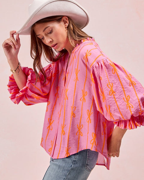 BOW RIBBON PRINTED WOVEN BUBBLE SLEEVES TOP WIHT BUTTON DOWN - REG/CURVY - Salty Lime Boutique