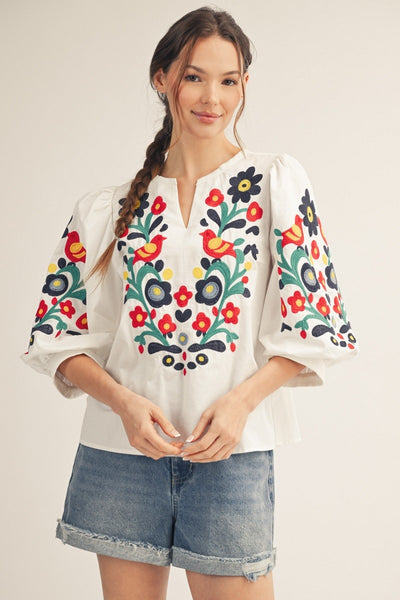 PUFF SLEEVE EMBROIDERED TOP - WHITE - Salty Lime Boutique