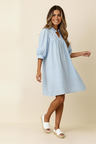 SPRING IS IN THE AIR  FRILLED NOTCH NECK YOKE BUBBLE SHORT SLEEVE SHIFT DRESS- REG/CURVY - Salty Lime Boutique