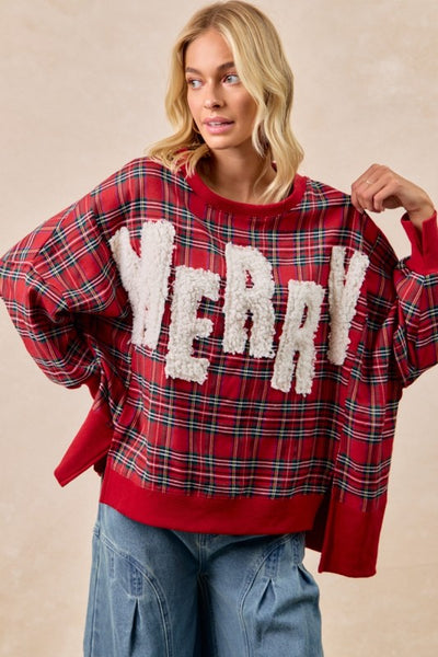 MERRY CHRISTMAS PLAID SWEATSHIRT - RED