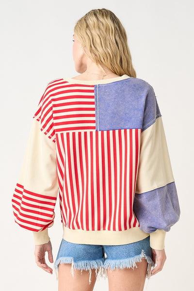 American Flag Patchwork Color Block Sweatshirt C15773_3 - Salty Lime Boutique