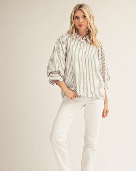 Button Down Textured Striped Top - Pink/Green - Salty Lime Boutique
