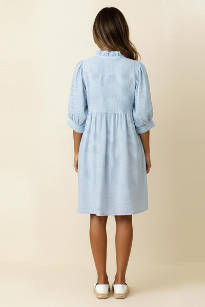 SPRING IS IN THE AIR  FRILLED NOTCH NECK YOKE BUBBLE SHORT SLEEVE SHIFT DRESS- REG/CURVY - Salty Lime Boutique