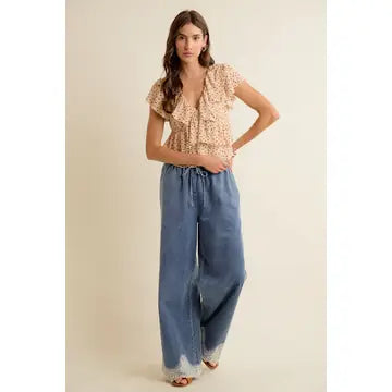 Elizabeth Denim Lace Trim Pants - Med Wash - Salty Lime Boutique