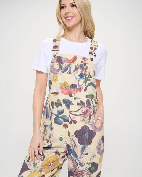 BOTANICAL FLORAL PRINT OVERALL - BEIGE