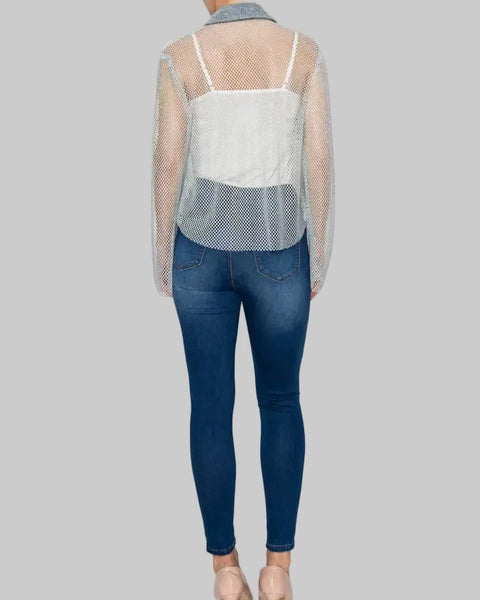 Sparkly Mesh Jacket OLS-4985SW Denim - Salty Lime Boutique