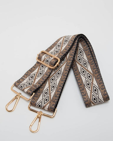 GEOMETRIC DIAMOND WOVEN ADJUSTABLE CANVAS BAG STRAP - BEIGE/BLACK