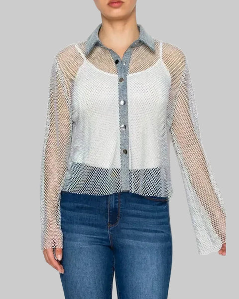 Sparkly Mesh Jacket OLS-4985SW Denim - Salty Lime Boutique