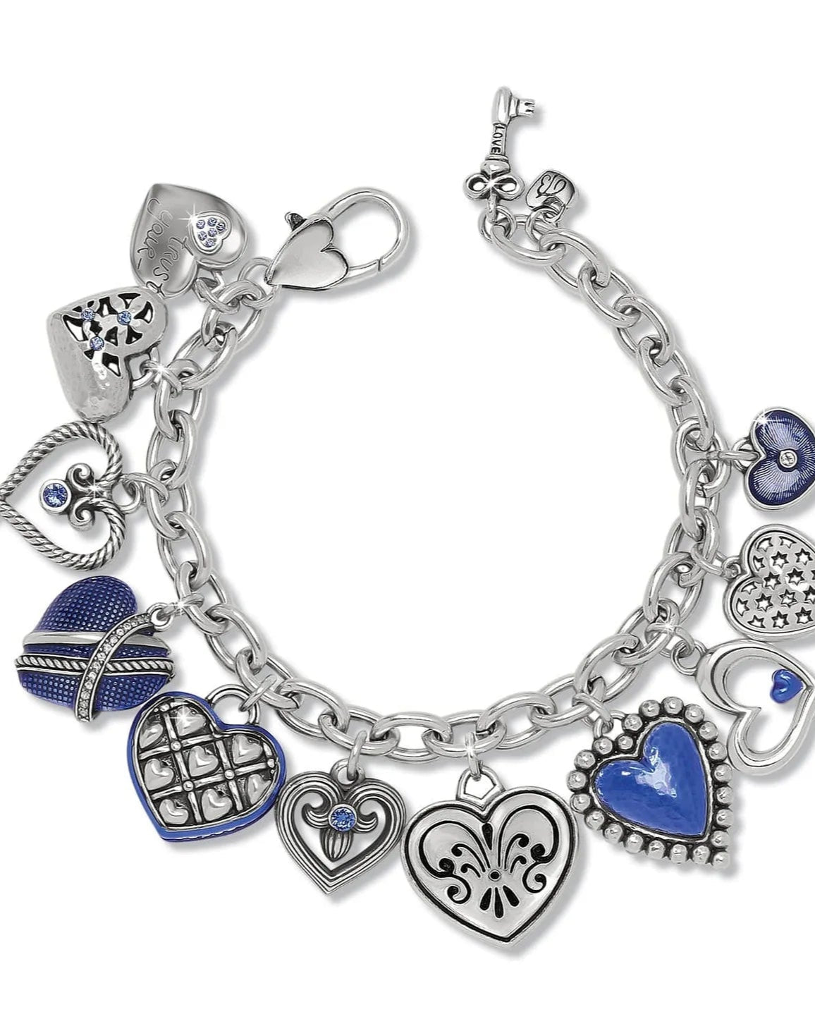 Silver bracelet with heart-shaped charms on a white background