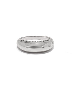 Silver ring with small diamonds on a white background
