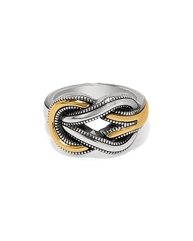 Two-tone ring with gold and silver design on a white background