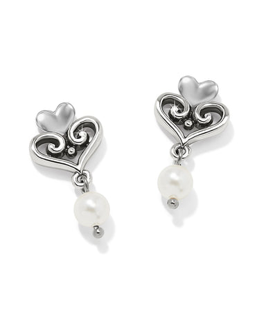 Heart-shaped earrings with pearl drops on a white background