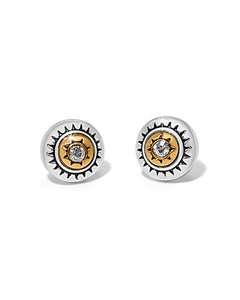 Pair of sun-shaped earrings with gold center and silver border on a white background