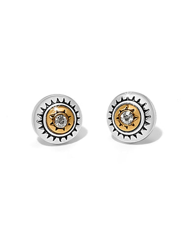Pair of sun-shaped earrings with gold center and silver border on a white background