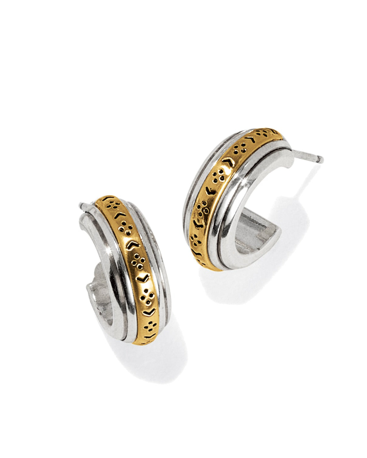 Pair of hoop earrings with gold and silver design on a white background