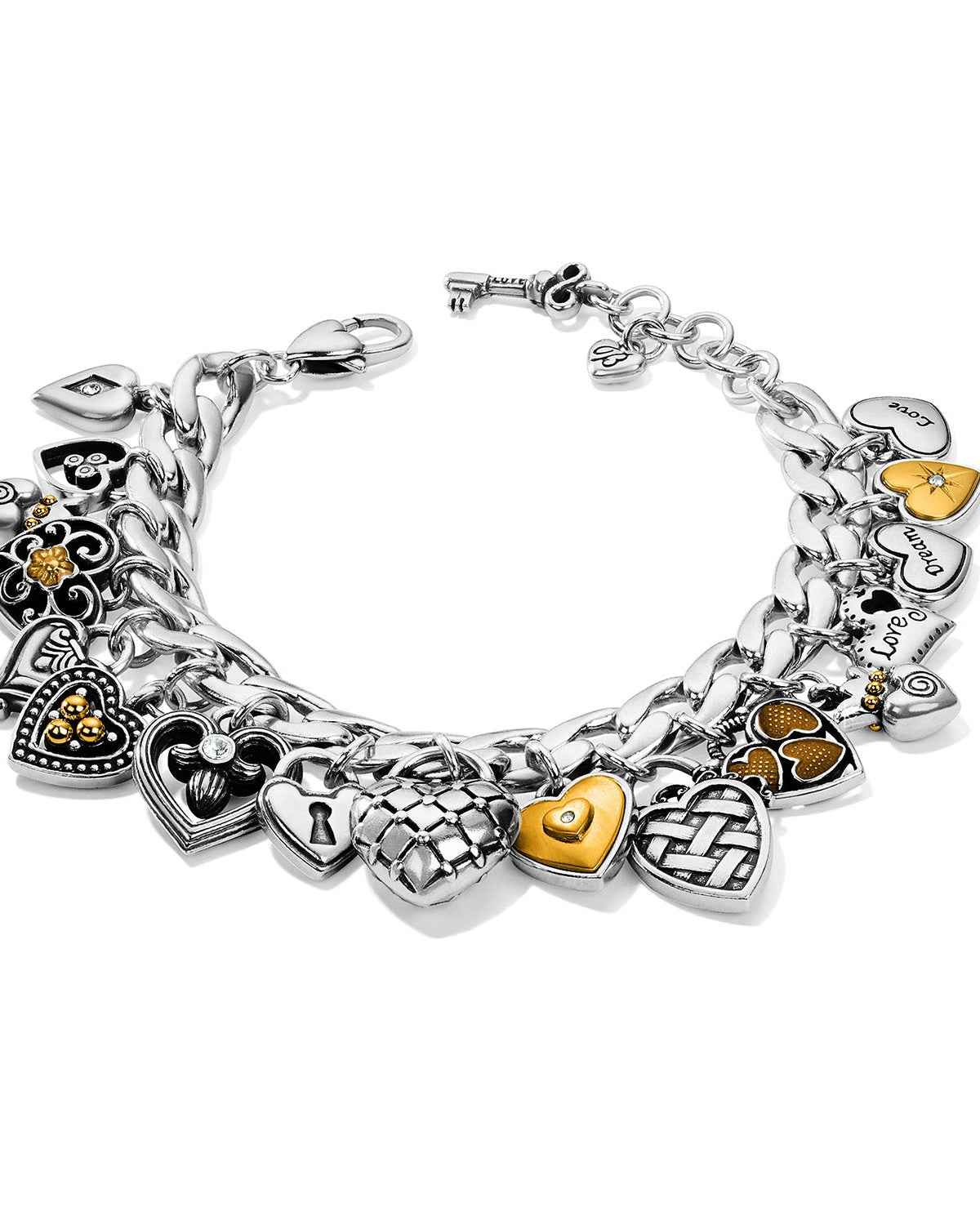Silver bracelet with heart and lock charms on a white background