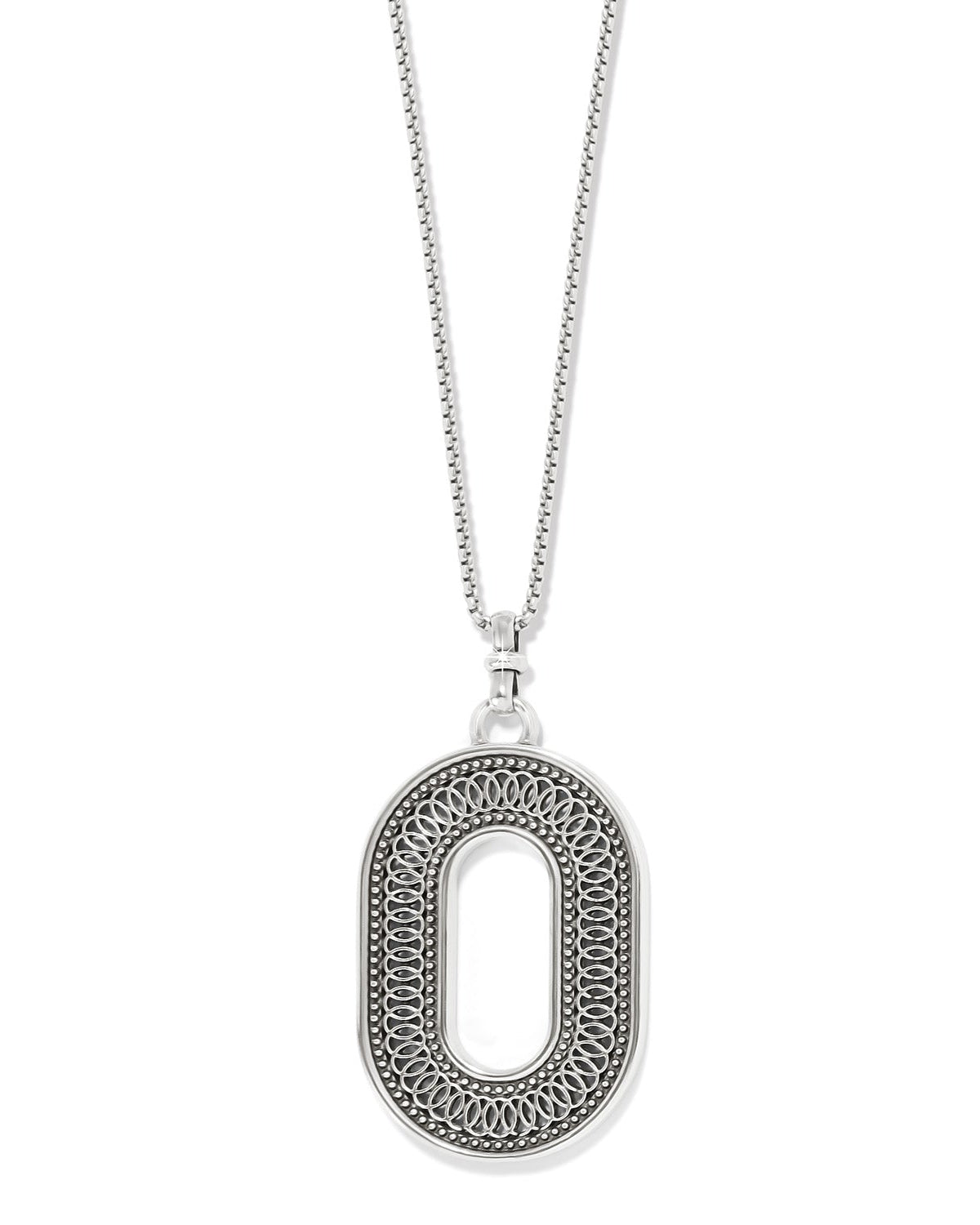 Silver necklace with a decorative pendant on a white background