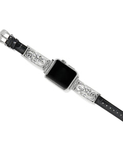Decorative watch strap with black leather and silver embellishments on a white background