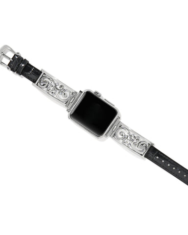 Decorative watch strap with black leather and silver embellishments on a white background