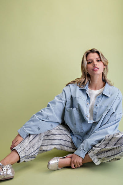 3/4 Sleeve Star Print Mineral Washed Denim Top - Lt. Wash - Salty Lime Boutique