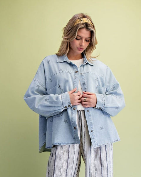 3/4 Sleeve Star Print Mineral Washed Denim Top - Lt. Wash - Salty Lime Boutique