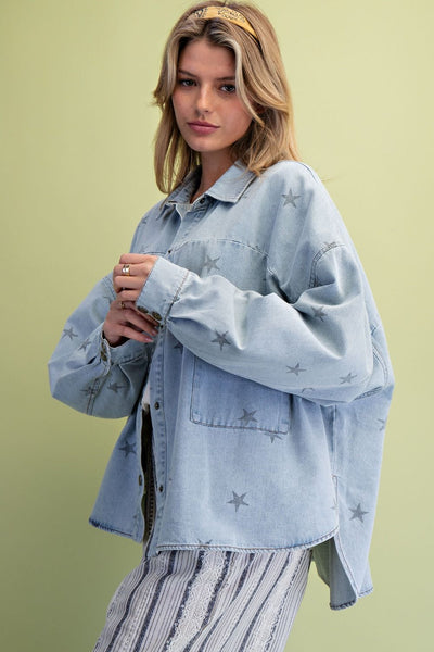 3/4 Sleeve Star Print Mineral Washed Denim Top - Lt. Wash - Salty Lime Boutique