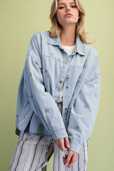 3/4 Sleeve Star Print Mineral Washed Denim Top - Lt. Wash - Salty Lime Boutique