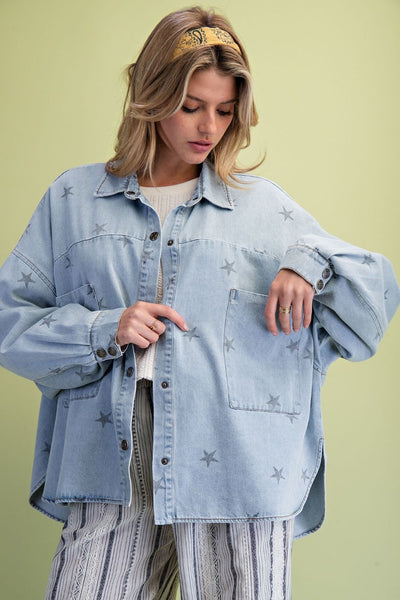 3/4 Sleeve Star Print Mineral Washed Denim Top - Lt. Wash - Salty Lime Boutique