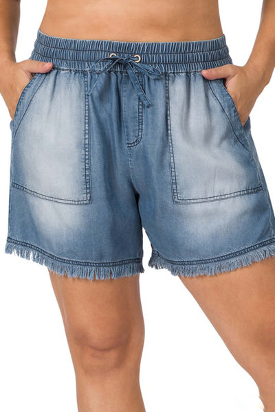 CURVY ONE SWEET DAY CHAMBRAY SHORTS - MEDIUM - Salty Lime Boutique