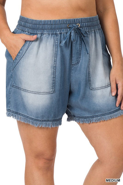 CURVY ONE SWEET DAY CHAMBRAY SHORTS - MEDIUM - Salty Lime Boutique