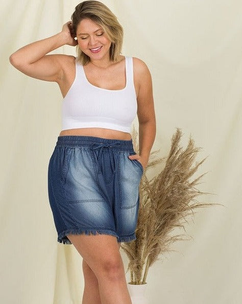 CURVY ONE SWEET DAY CHAMBRAY SHORTS - DARK - Salty Lime Boutique