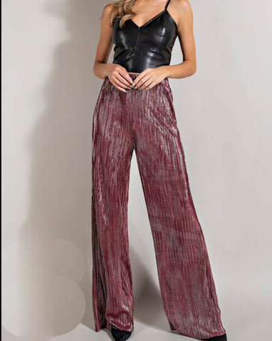TEAGAN METALLIC HIGH WAISTED PANTS - WINE - Salty Lime Boutique