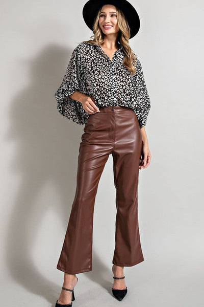 BELLA FAUX LEATHER WIDE LEG PANTS - CHOCOLATE - Salty Lime Boutique