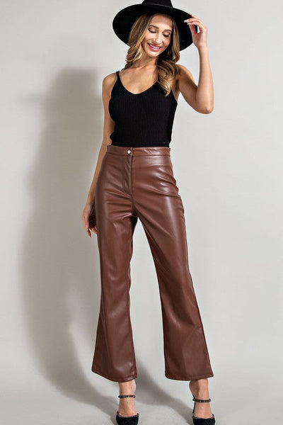 BELLA FAUX LEATHER WIDE LEG PANTS - CHOCOLATE - Salty Lime Boutique
