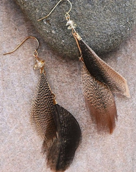 BOHO FEATHER DROP EARRINGS - BROWN - Salty Lime Boutique