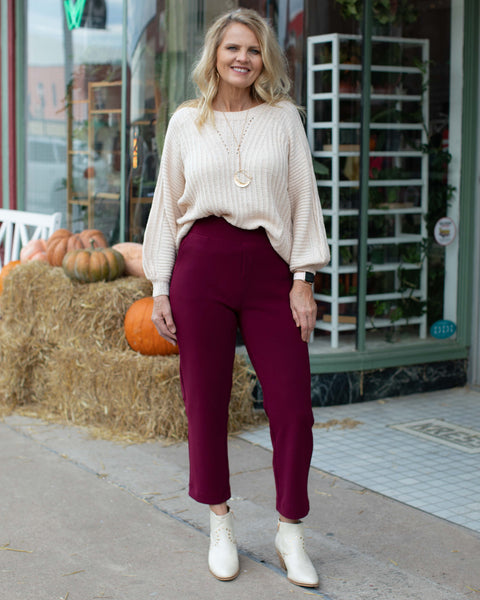 CHARLEE PULL ON DRESS PANTS - WINE - Salty Lime Boutique