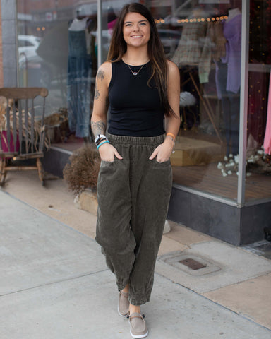 KAURI MINERAL WASH CROPPED CORDUROY PANTS - OLIVE - Salty Lime Boutique